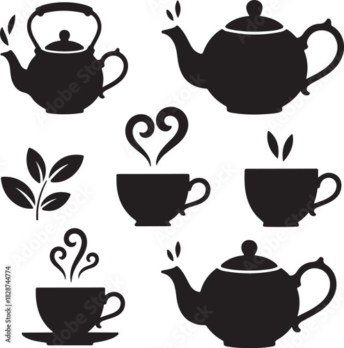 Teapots and Cups Black Silhouettes Tea Theme Illustration Various Designs