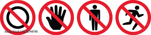 A comprehensive set of four prohibition and warning signs, clearly illustrating common restrictions and forbidden actions in public and private spaces