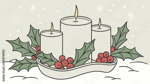 Festive Candle Arrangement with Holly and Berries in a Decorative Holder