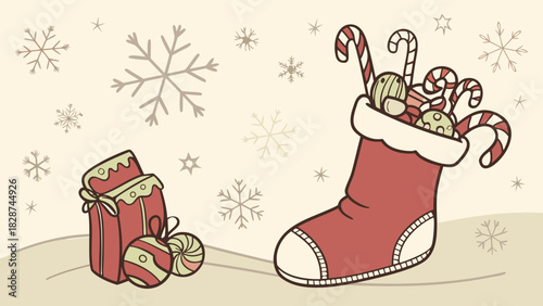 Festive Christmas stocking overflowing with candy canes and gifts with a wrapped present