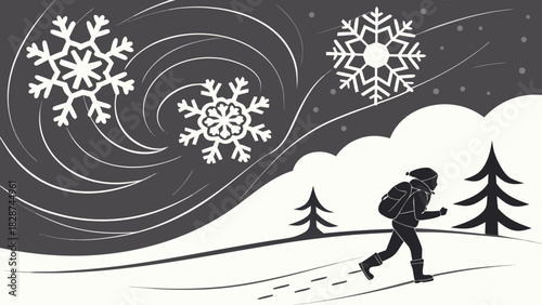 Silhouette of a Hiker Trekking Through a Snowy Winter Landscape