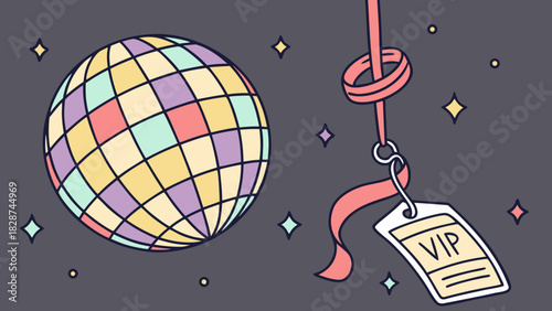 Retro Disco Ball with Pastel Panels and VIP Pass with Curled Ribbon