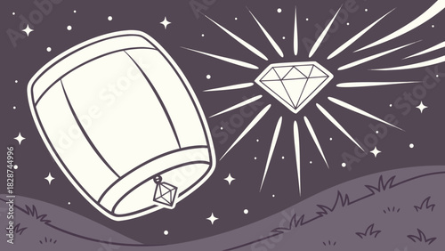 Stylized Sky Lantern with Diamond Charm and Sparkling Diamond in Night Sky