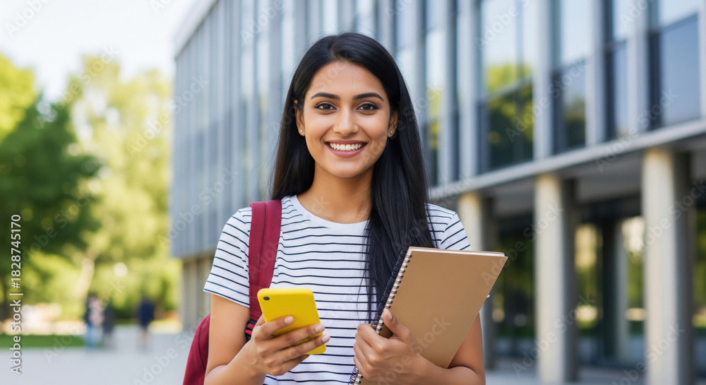 Naklejka premium Smiling young Indian student with phone and notebook on campus
