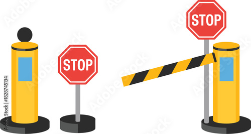 A simple illustration of road safety Barrier and stop signs in yellow and red, signaling a halt