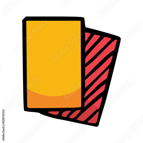 Hand-drawn doodle illustration of a yellow caution card being held up in front of a red striped penalty card, symbolizing referee warning, fouling, and sports competition rules.