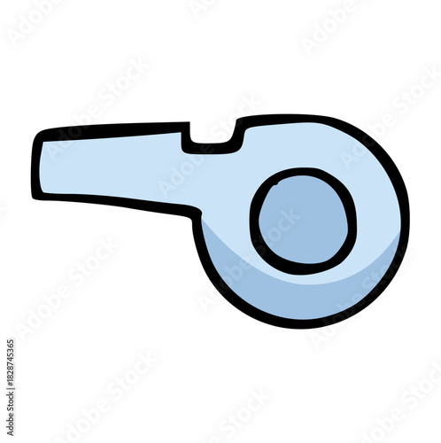 Hand-drawn doodle illustration of a light blue or gray sports referee whistle, symbolizing official authority, rule enforcement, game stoppage, and coaching equipment.