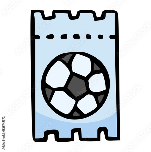 Hand-drawn doodle illustration of a light blue perforated ticket with a black and white soccer/football ball graphic in the center.
