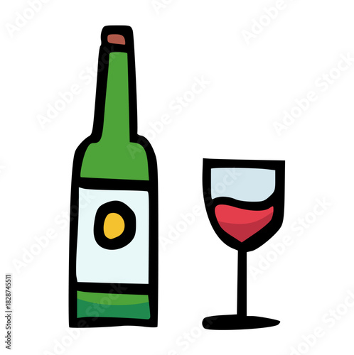 Hand Drawn Wine Bottle and Glass Doodle Vector Illustration, Alcohol Beverage Icon, Celebration, Party, Drink, Bar, Restaurant, Vineyard, Dinner, Simple, Sketch, Drawing