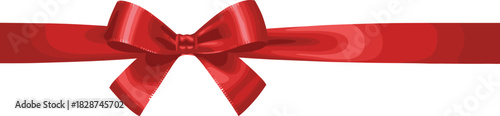 Red ribbon with bow, realistic vector illustration, horizontal gift decoration, shiny satin tape, festive design element for Christmas birthday present packaging wrapping