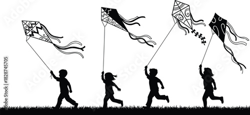 Black Silhouette of Four Happy Young Children Running and Flying Decorative Kites Vector Illustration Isolated on a White Background, Symbolizing Freedom and Joyful Playtime