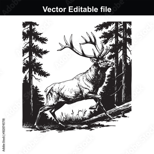 Majestic stag with large antlers running through a dense forest with tall pine trees and fallen logs, black and white vector illustration