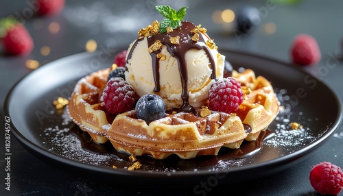 Luxurious gourmet waffles topped with vanilla ice cream and melted chocolate