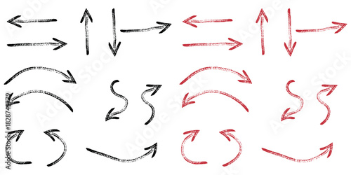 Variety of hand drawn arrows in black and red representing direction flow movement progress and connection 