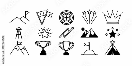 Collection of Line Art Icons Illustrating Concepts of Success, Achievement, and Celebration