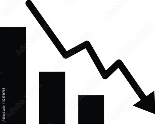 Downward trend bar graph with arrow in black and white