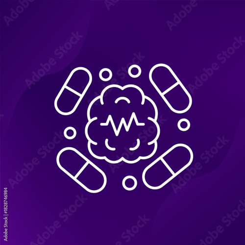 anti seizure medications line icon with pills and brain, epilepsy drugs vector