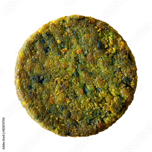Vegan plant-based burger patty isolated on white background, top view