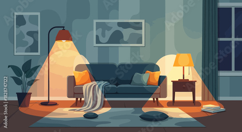 Warm interior design showcasing illuminated living space with furniture and accents