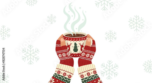 Warm winter drink held in festive mittens among falling snowflakes creates cozy seasonal ambiance