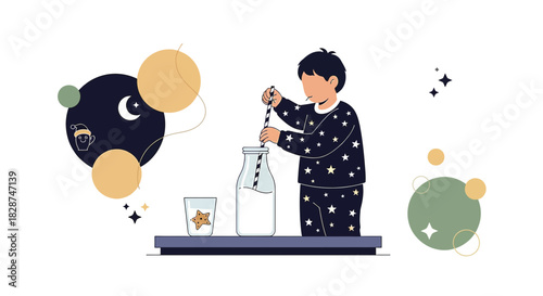 Whimsical bedtime scene: a child preparing milk and cookies under a celestial themed sky and stars