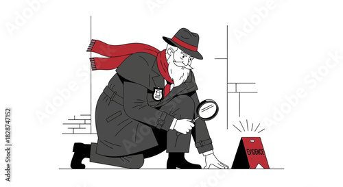 Whimsical detective inspecting evidence at crime scene illustration with magnifying glass