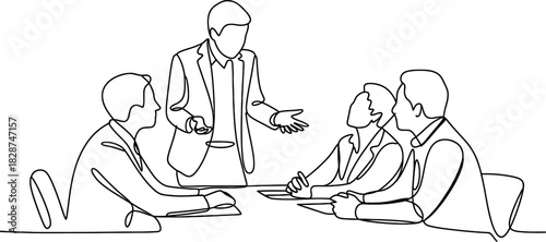 Continuous line drawing of a business meeting. a manager leads a presentation to a team of colleagues, fostering collaboration and discussion Vector, illustration