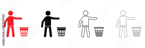 person throwing trash in a bin vector icon, person using a trash vector, silhouette and line art
