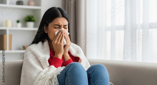 Unwell Woman Blowing Nose, Suffering from Cold or Allergy