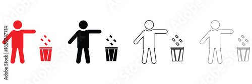 person throwing trash in a bin vector icon, person using a trash vector, silhouette and line art