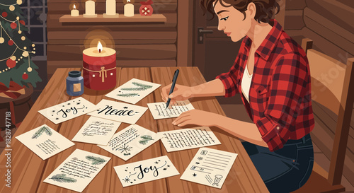 Woman writes festive holiday cards in cozy cabin setting, surrounded by christmas decor