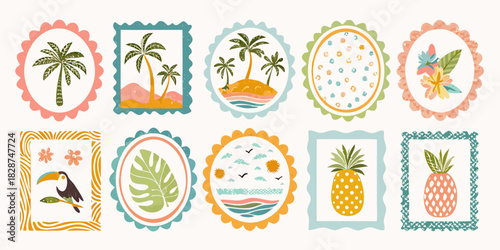 Collection of whimsical tropical themed decorative elements and stickers with palm trees pineapples toucans and flowers