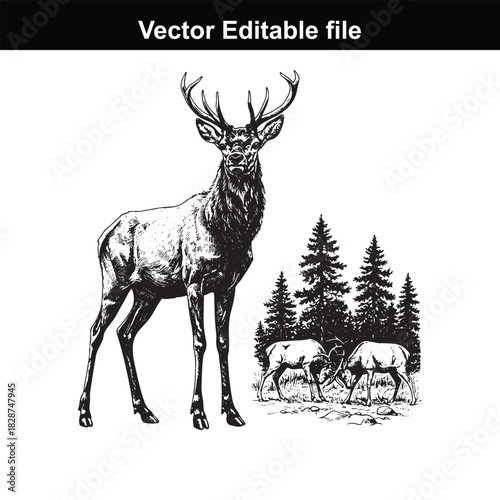 Majestic stag standing in a forest clearing with two deer grazing peacefully in the background, detailed illustration