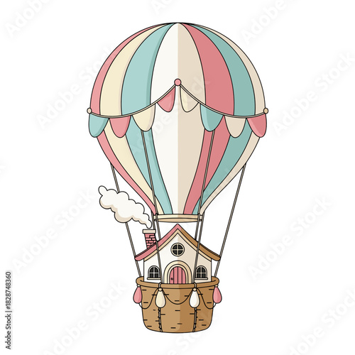 Hot air balloon with cozy cottage basket flying in a whimsical style  