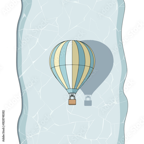 Hot air balloon flying over an iced river in a winter setting  