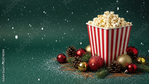 Christmas movie night popcorn holiday ornaments festive background christmas spirit concept