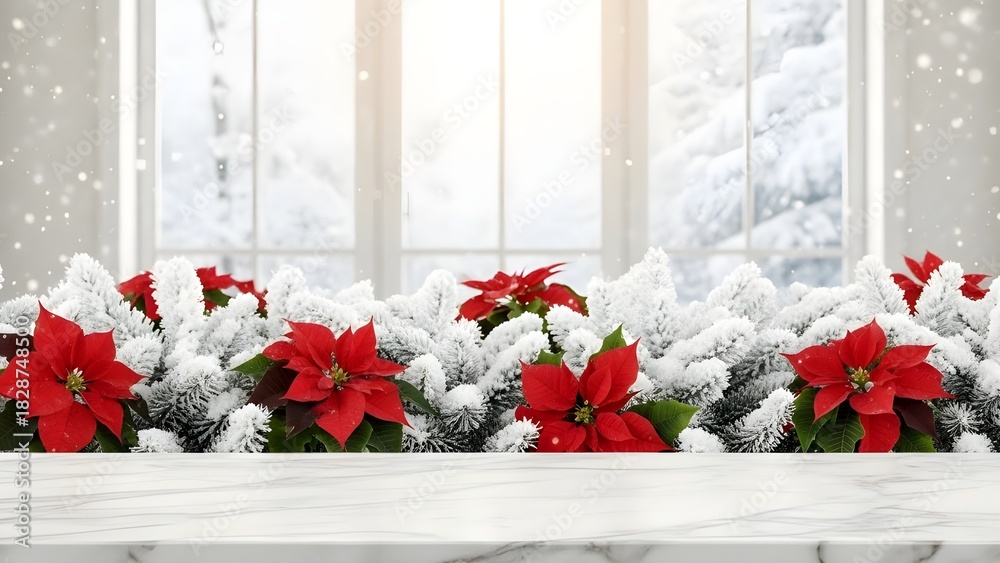 Fototapeta premium Festive christmas poinsettias and snow covered branches on a white surface with a snowy winter window background for holiday decor