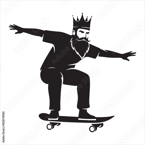 Black silhouette of a bearded man with a crown skateboarding with arms outstretched king mustache