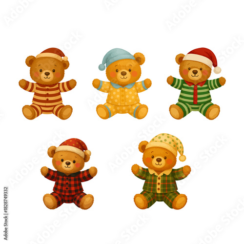 Cute Christmas teddy bears in pajamas and festive hats. Winter holiday clipart for cards, stickers, kids products, and decorations. Transparent PNG set.