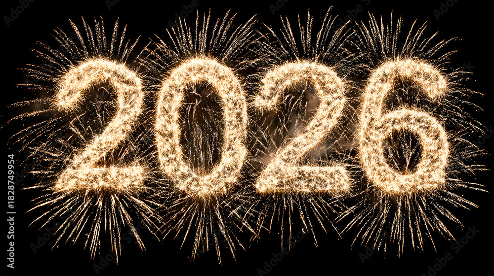 Naklejka premium Bright golden fireworks explode in the night sky welcoming the year 2026 with hello happy new year