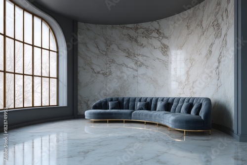 Modern curved sofa complements marble wall and large arched window.