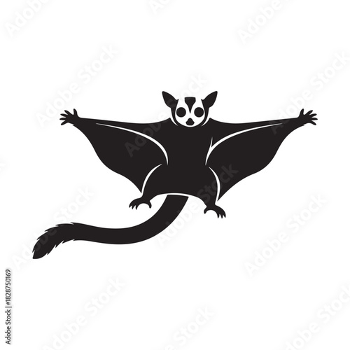 Black Silhouette of Sugar Glider Gliding Vector: Front/Belly View of Marsupial with Outstretched Membrane - Exotic Pet, Australian Wildlife, and Animal Flying Graphic Illustration