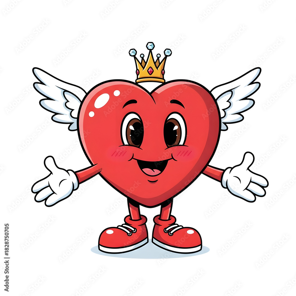 Fototapeta premium Cute cartoon heart character with wings and a crown, isolated on transparent background