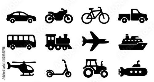 Diverse transportation methods icon set for travel, logistics, and urban mobility projects, originally a scalable vector graphic for ultimate flexibility