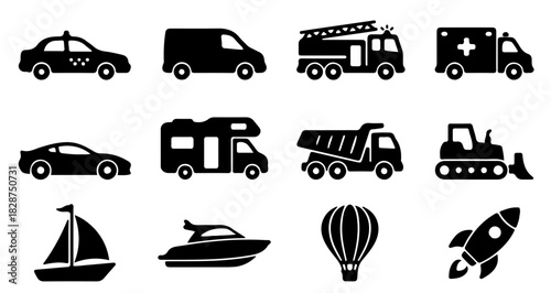 Transportation icons collection showcasing diverse vehicles like cars, trucks, boats, and aircraft in a simple, modern design for versatile use