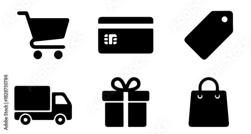 Essential shopping icons for e-commerce and retail design projects featuring a cart, credit card, delivery truck, gift, price tag, and shopping bag