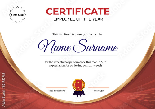 Employee recognition certificate with red-gold border for corporate awards and performance appreciation