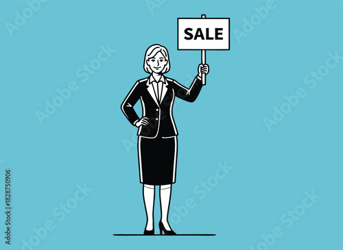 Businesswoman holding 'sale' sign, announcing discount promotion