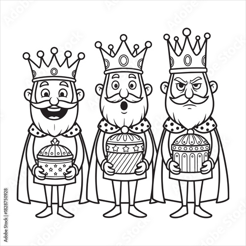 Three cartoon kings wearing crowns and capes holding gifts with different facial expressions present