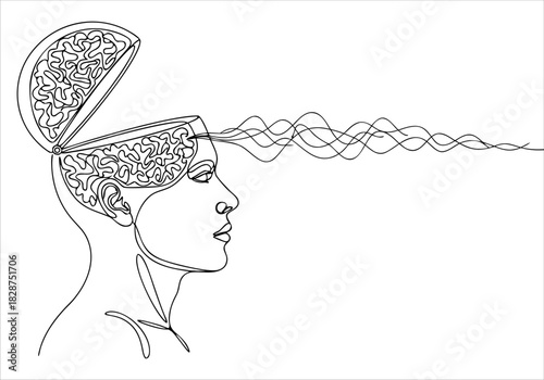 Continuous line art drawing of an open mind, depicting thoughts and creativity flowing from the brain